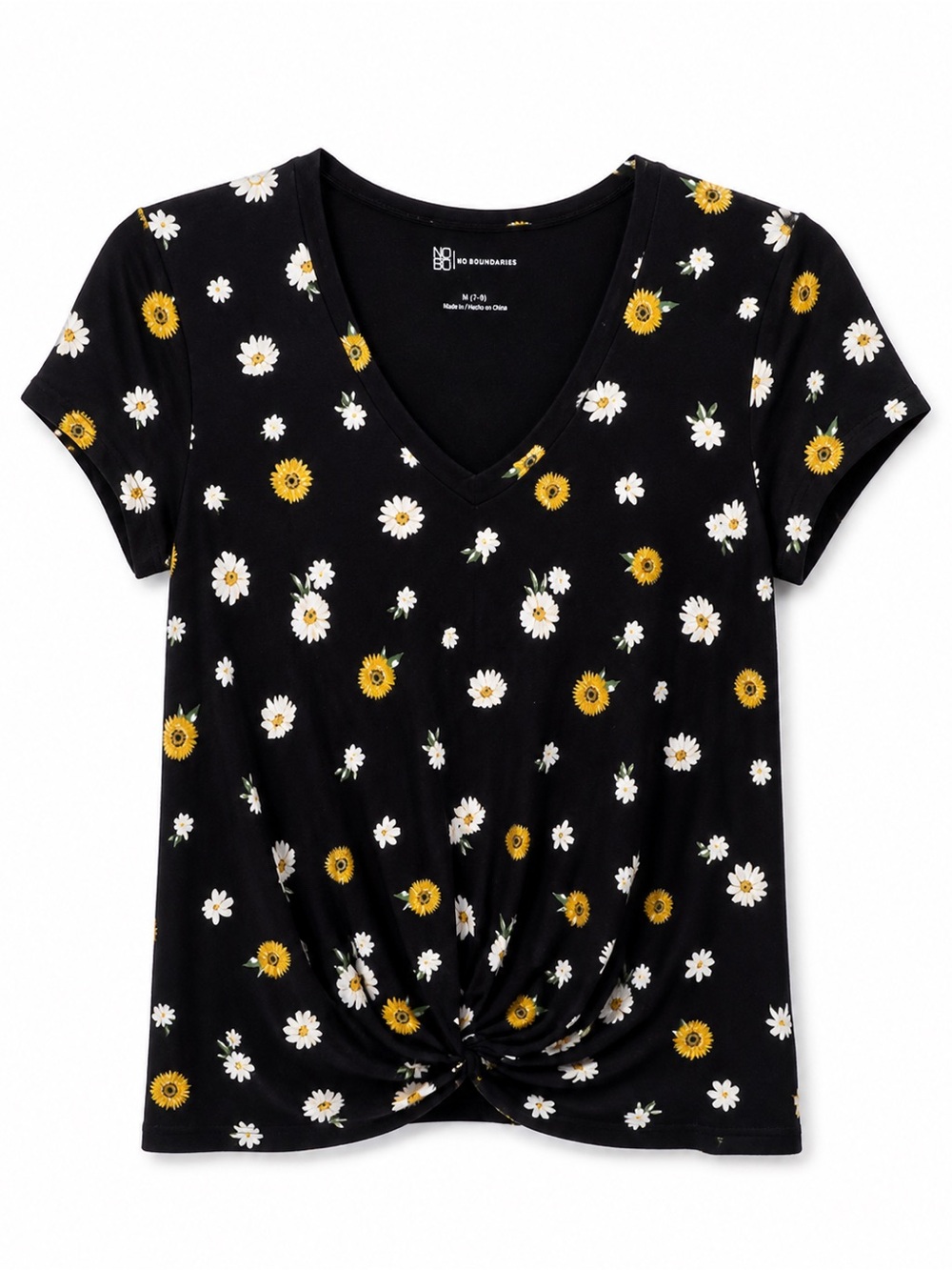 No Boundaries Daisy Floral Twist Front Top Medium Black V Neck Short Sleeve